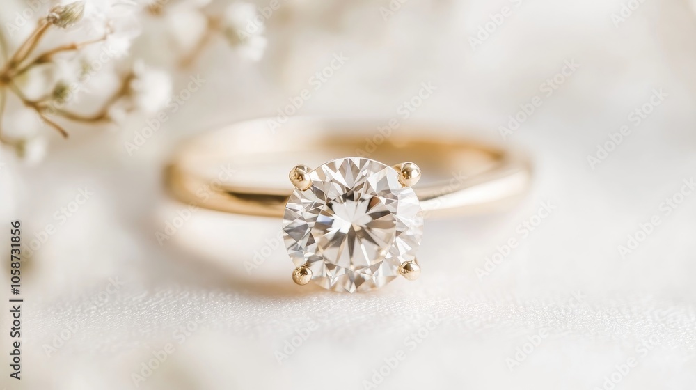 A sparkling yellow gold solitaire engagement ring is featured against a white background A sparkling yellow gold solitaire engagement ring is featured against a white background