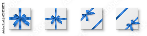 White boxes with blue ribbons and bow. Blue wrapping decorations on transparent background. Collection of gift box decoration. Realistic 3d vector illustration set.