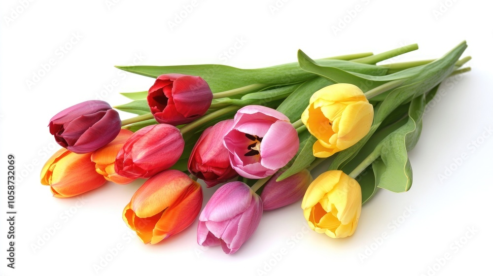 A vibrant arrangement of tulips against a white backdrop showcasing their beauty and freshness A vibrant arrangement of tulips against a white backdrop showcasing their beauty and freshness