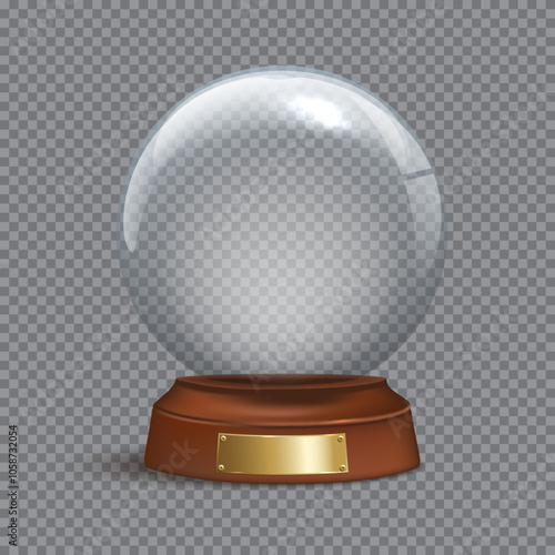 Snow globe template vector illustration. Realistic empty glass snowball on wood base with empty space for lettering. Christmas and New Year design element on transparent background.