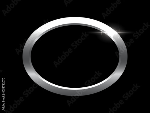 Silver button of ellipse shape with frame vector illustration. Realistic isolated website element, platinum glossy label for game UI, oval badge of navigation menu with light effect on border.
