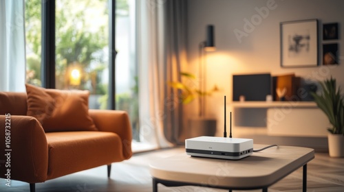 Contemporary living room with a soft armchair, Wi-Fi router on a modern table, and a mix of decor elements for a stylish, connected space