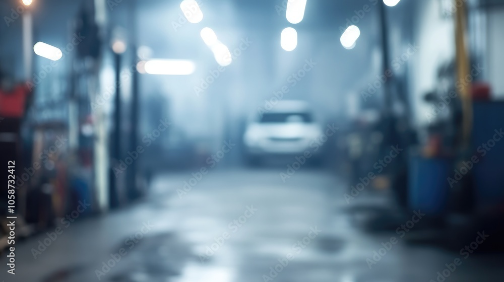 Blurred vehicle repair workshop with a soft focus in a misty automotive service area Blurred vehicle repair workshop with a soft focus in a misty automotive service area