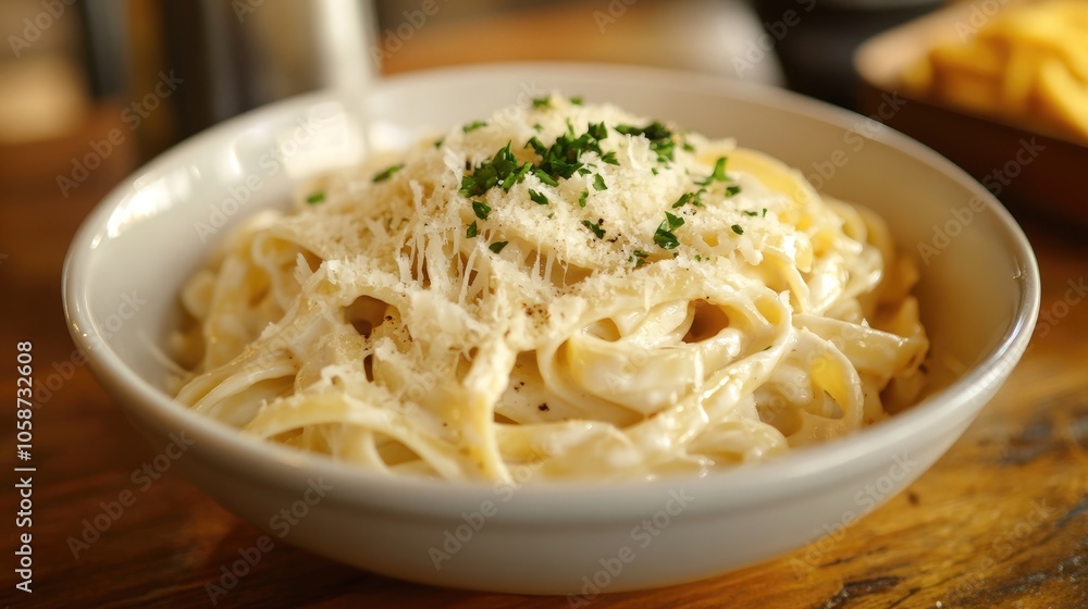 Bowl of flavorful pasta topped with cheese and creamy parmesan sauce Bowl of flavorful pasta topped with cheese and creamy parmesan sauce