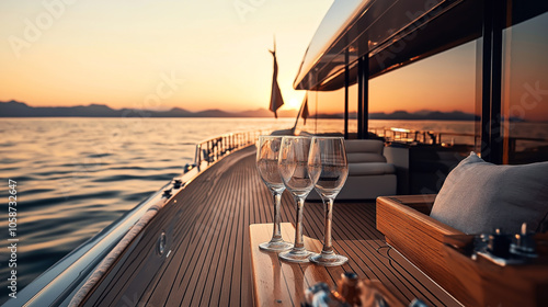 Luxury yacht deck with empty wine glasses and comfortable seating at sunset over calm water. photo