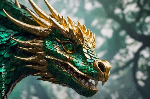 Detailed dragon sculpture with emerald and gold scales, glowing eyes, and sharp horns, perfect for themes of mythology, fantasy, and epic creatures photo