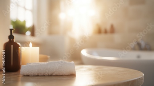 Closeup of a vacant tabletop with a bathroom interior and a softly blurred background