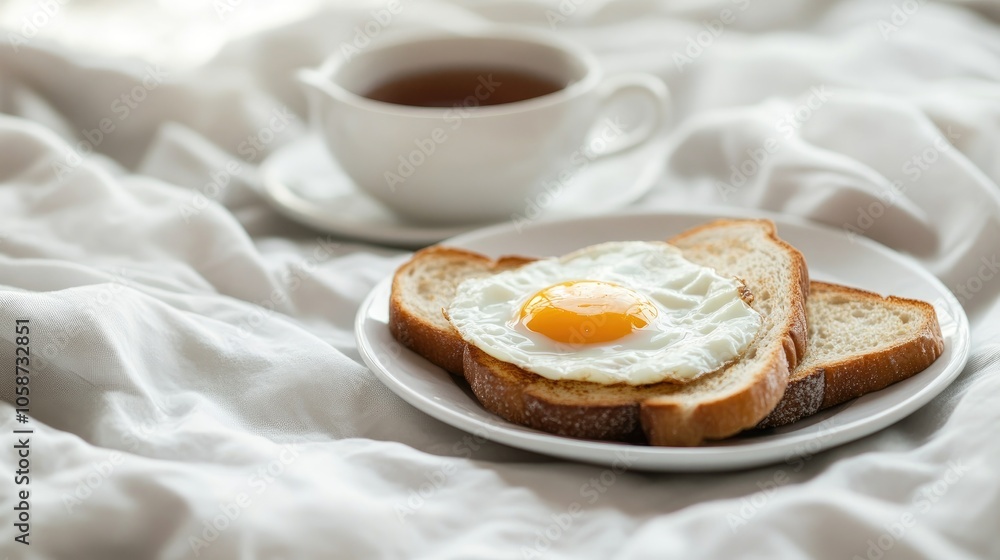 Breakfast in bed featuring fried eggs toast and tea Breakfast in bed featuring fried eggs toast and tea