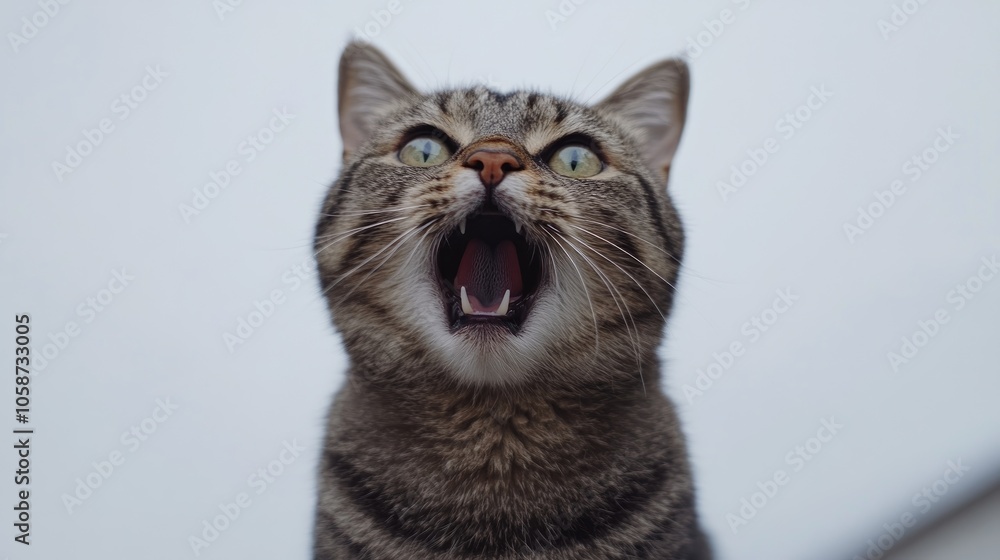 A startled gray cat against a white backdrop A startled gray cat against a white backdrop