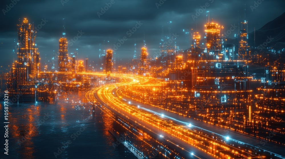 Fototapeta premium Futuristic cityscape with glowing structures and illuminated pathways.