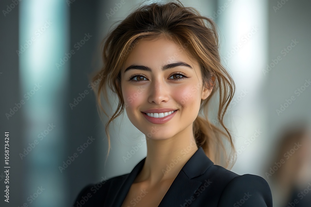 Confident Female Leader in Black Blazer, Office Setting Confident Female Leader in Black Blazer, Office Setting