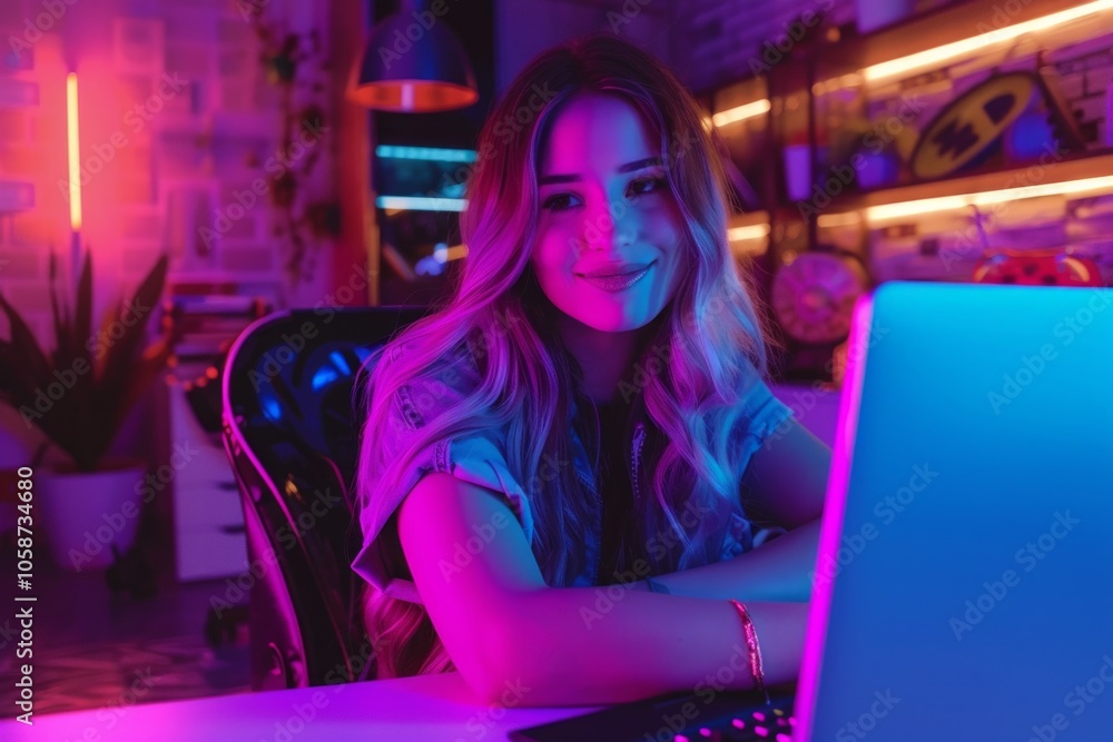 Gamer and E-Sport online of Asian woman playing online computer video game with lighting effect, broadcast streaming live at home. Neural network ai generated art Gamer and E-Sport online of Asian woman playing online computer video game with lighting effect, broadcast streaming live at home. Neural network ai generated art