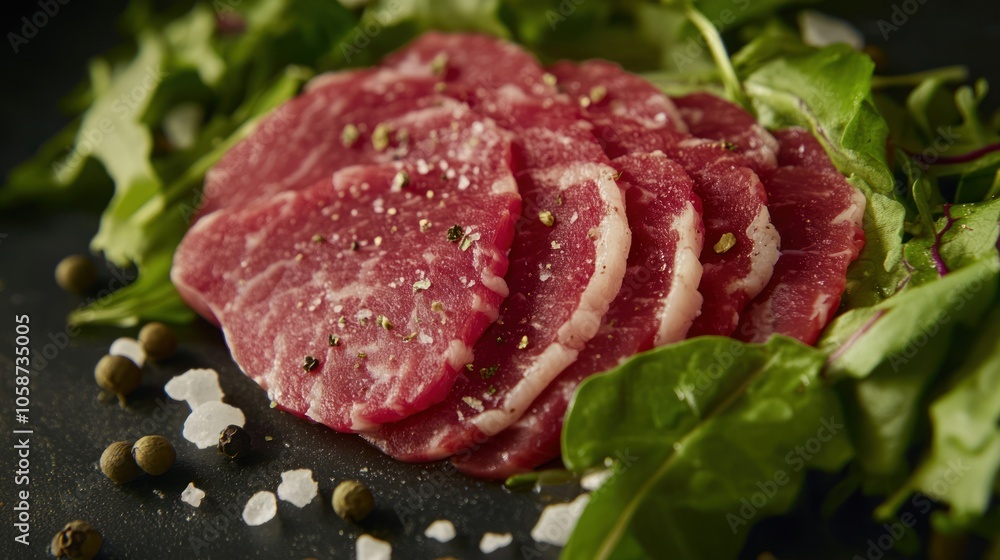 Thinly sliced raw beef carpaccio with salt, peppercorns, and fresh greens on a black background. Thinly sliced raw beef carpaccio with salt, peppercorns, and fresh greens on a black background.