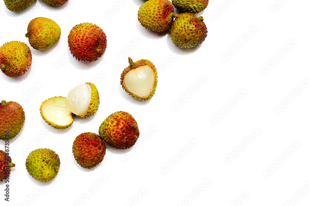Fresh lychee fruit on white background. Juicy exotic fruit. Fresh lychee fruit on white background. Juicy exotic fruit.