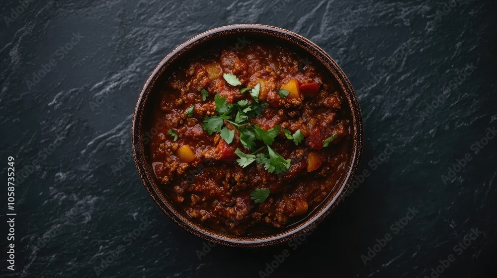 Bowl filled with Chilli Con Carne on a dark surface garnished with fresh herbs viewed from above Bowl filled with Chilli Con Carne on a dark surface garnished with fresh herbs viewed from above