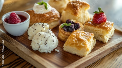 Cafeteria tray featuring homemade scones and croissants showcasing delicious and enticing pastries