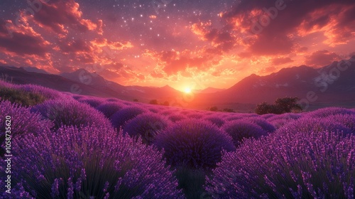 A field of purple flowers with a sunset in the background