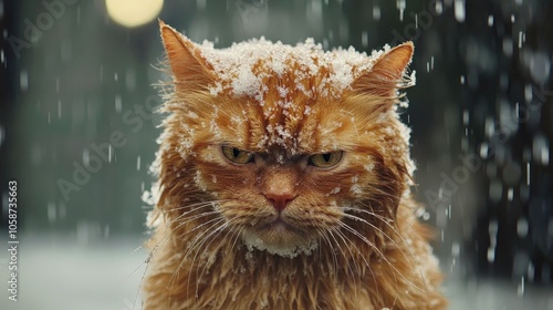 A soaked ginger cat with a disgruntled look is in the rain its fur adorned with snow like foam