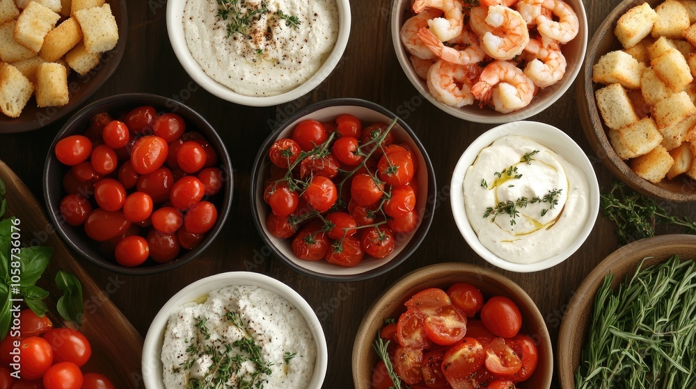 A variety of appetizers featuring shrimp cherry tomatoes croutons and an assortment of dips served in small bowls A variety of appetizers featuring shrimp cherry tomatoes croutons and an assortment of dips served in small bowls