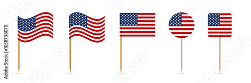American flags on toothpicks. Paper mini flags of United States of America on wooden sticks. Isolated flagpoles on wood vertical stands. 3D realistic vector illustration set for food decoration.