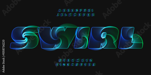 Swirling hypnotic alphabet, holographic letters with neon glow effect, 3D vortex font for futuristic sci-fi title, digital art, unique logo, creative poster, dynamic headline. Vector typeset
