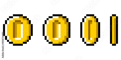 Classic retro 8-bit pixel art coins in different perspectives 