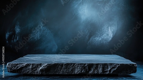 Black stone tabletop or shelf isolated against a dark pale blue backdrop