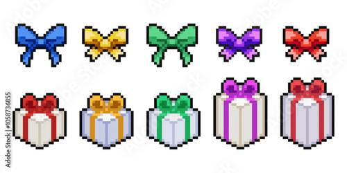 Retro 8-bit pixel art ribbons and presents