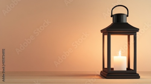 A black lantern with a candle, casting a warm glow on a surface.