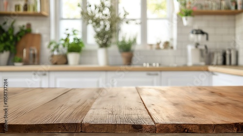 empty beautiful wood table top counter modern kitchen interior in clean and bright. 