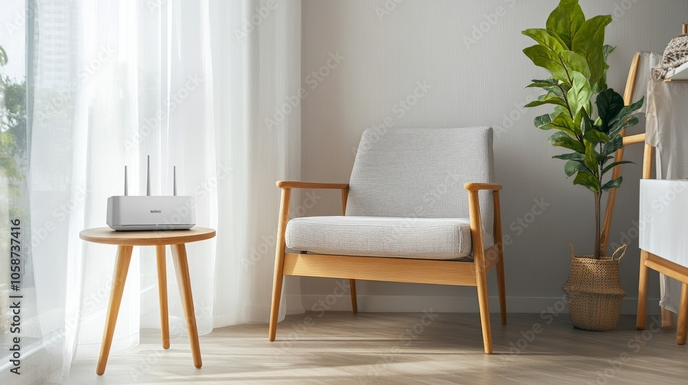 Stylish living room setup with armchair, Wi-Fi router on a small side table, and modern decor elements, creating a chic and connected atmosphere Stylish living room setup with armchair, Wi-Fi router on a small side table, and modern decor elements, creating a chic and connected atmosphere