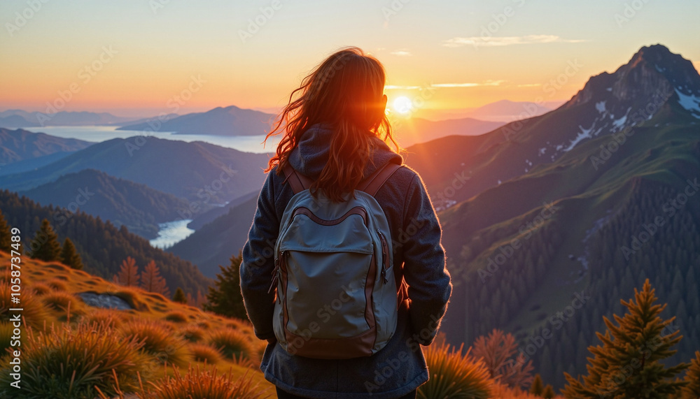 Naklejka premium Woman with backpack admiring mountain sunset