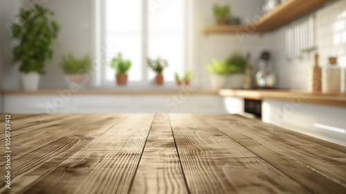 empty beautiful wood table top counter modern kitchen interior in clean and bright. 