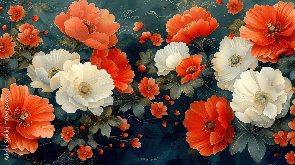 A vibrant floral arrangement featuring red and white flowers against a dark background. A vibrant floral arrangement featuring red and white flowers against a dark background.