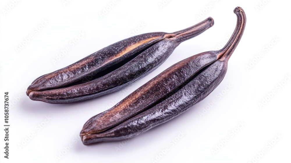 Two whole vanilla beans with their tips pointing in opposite directions, isolated on a white background. Two whole vanilla beans with their tips pointing in opposite directions, isolated on a white background.