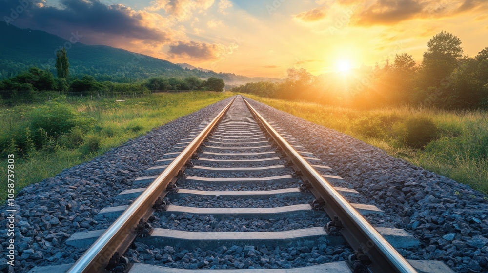 Fototapeta premium Calm Sunset Landscape Featuring Prominent Train Tracks