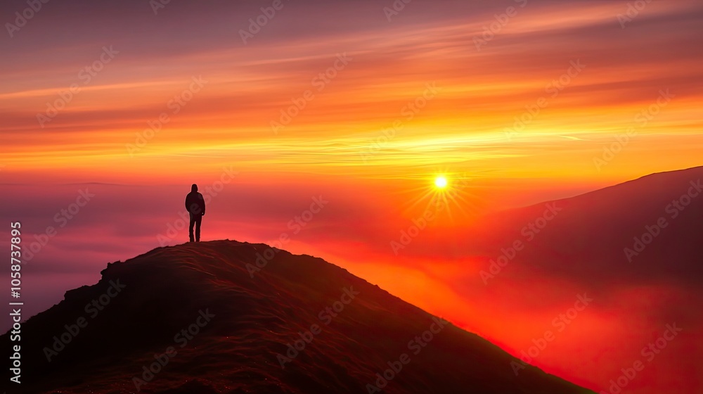 Distant figure against mountain sunset - Brecon Beacons national park, Wales Distant figure against mountain sunset - Brecon Beacons national park, Wales
