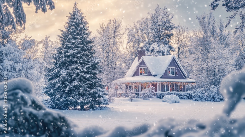 Christmas tree postcard featuring a snow covered house during winter celebrating the spirit of the holiday season Christmas tree postcard featuring a snow covered house during winter celebrating the spirit of the holiday season