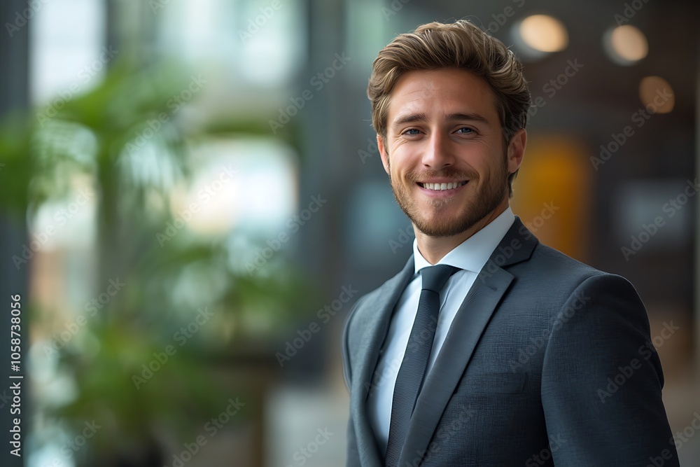 Confident Male Executive in Suit and Tie Smiling in Office Setting Confident Male Executive in Suit and Tie Smiling in Office Setting