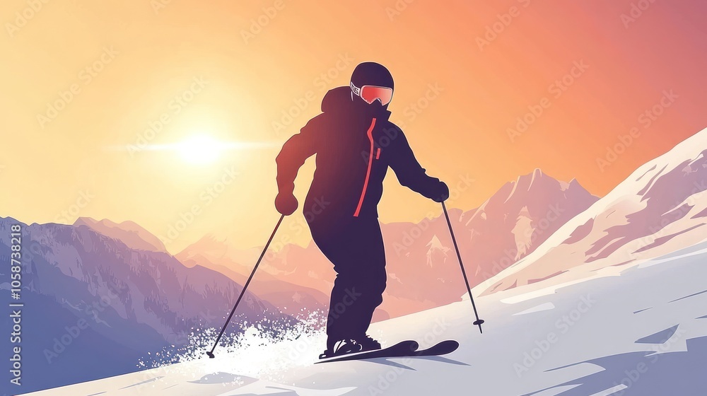 Silhouette of a skier on a mountain slope at sunset. Silhouette of a skier on a mountain slope at sunset.