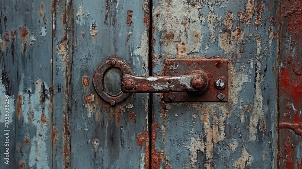A weathered metal door featuring an aged handle A weathered metal door featuring an aged handle
