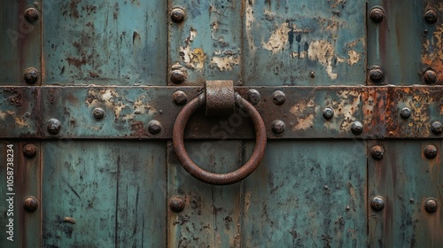 A weathered metal door featuring an aged handle