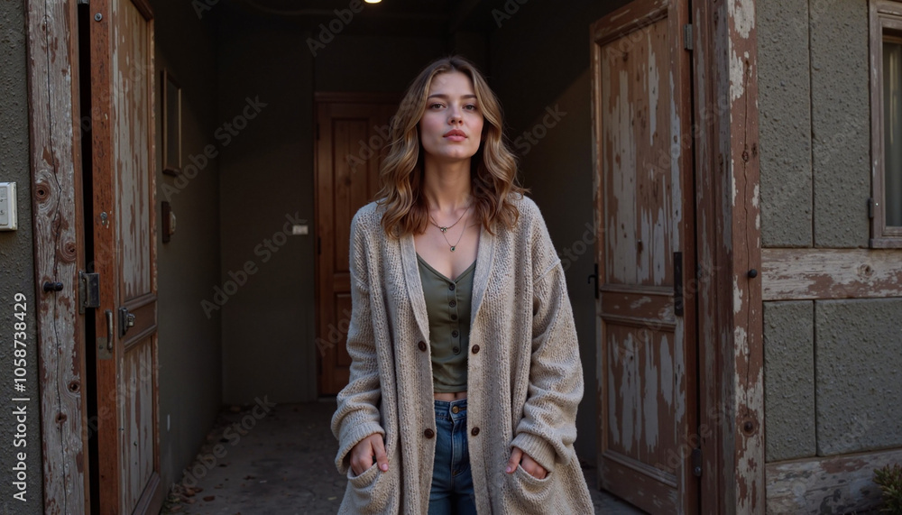 Woman Standing in Doorway of Rustic Building Woman Standing in Doorway of Rustic Building