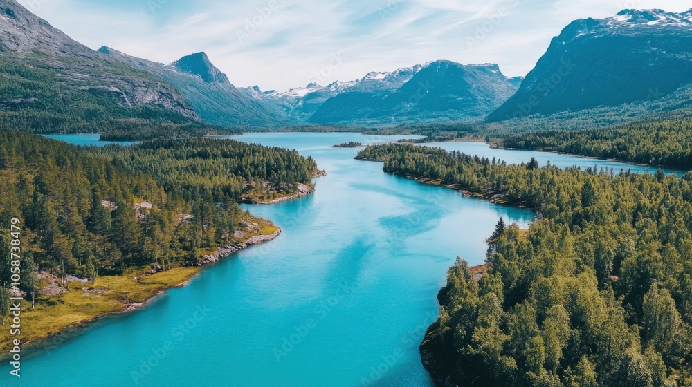 Drone high-angle photo of the turquoise-colored mountain river flowing in the pine woodland with a view of the mountain peaks in the background in Innlandet County, Norway Drone high-angle photo of the turquoise-colored mountain river flowing in the pine woodland with a view of the mountain peaks in the background in Innlandet County, Norway