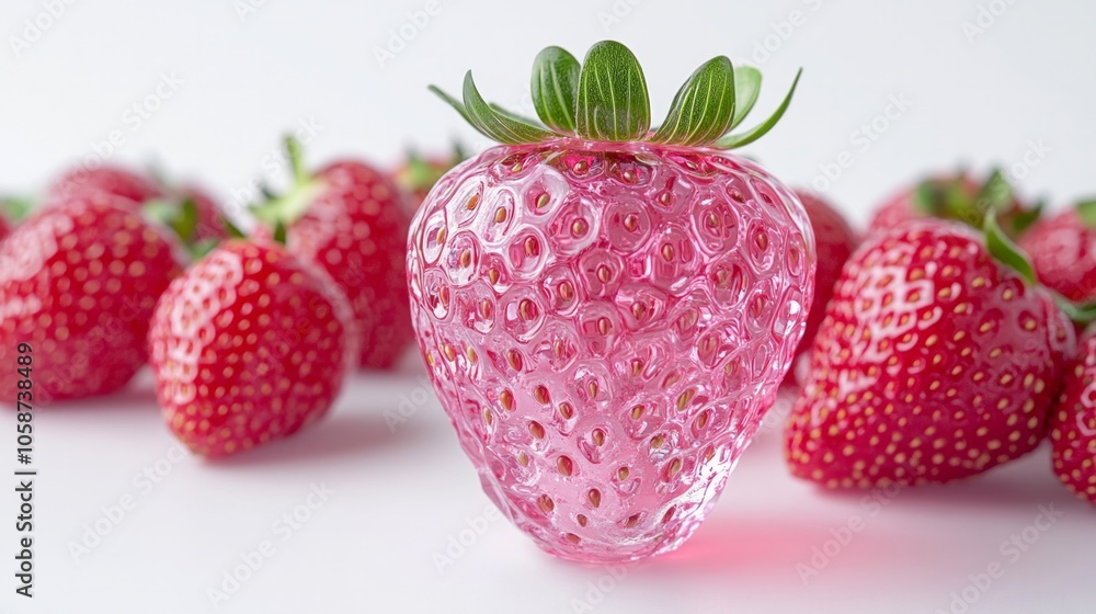 A pink strawberry is sitting on a white background A pink strawberry is sitting on a white background