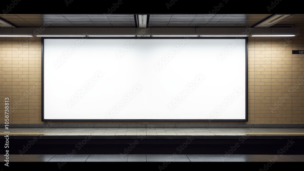 Urban subway movie poster mockup with an empty poster slot on a tiled wall, ideal for film ads or branding in a realistic public transit scene. Urban subway movie poster mockup with an empty poster slot on a tiled wall, ideal for film ads or branding in a realistic public transit scene.
