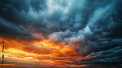 Fototapeta Naklejka Na Ścianę i Meble -  Dramatic sunset sky with vibrant orange and red clouds merging into dark blue storm clouds, creating a contrasting and atmospheric landscape in the evening.