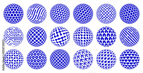 Abstract globe planet collection in different style. 3D spheres logo set, geometric shapes collection. 