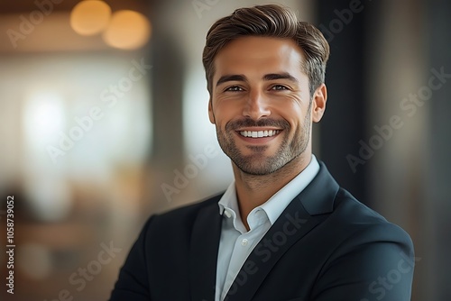 Confident Man in Blue Suit with White Shirt Smiling