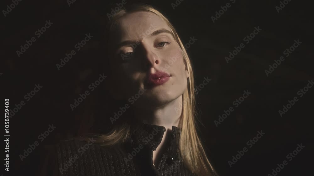Young woman with long blond hair and a dark turtleneck sweater is posing under dramatic, changing lighting against a black background Young woman with long blond hair and a dark turtleneck sweater is posing under dramatic, changing lighting against a black background